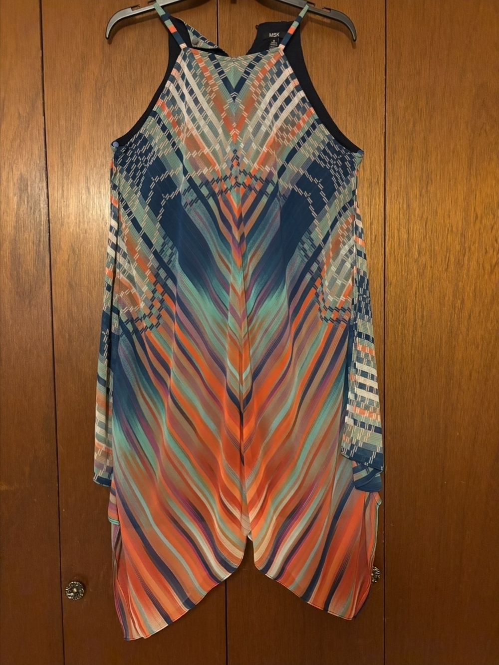 MSK Navy, Teal, Coral and Cream Striped Halter Dress